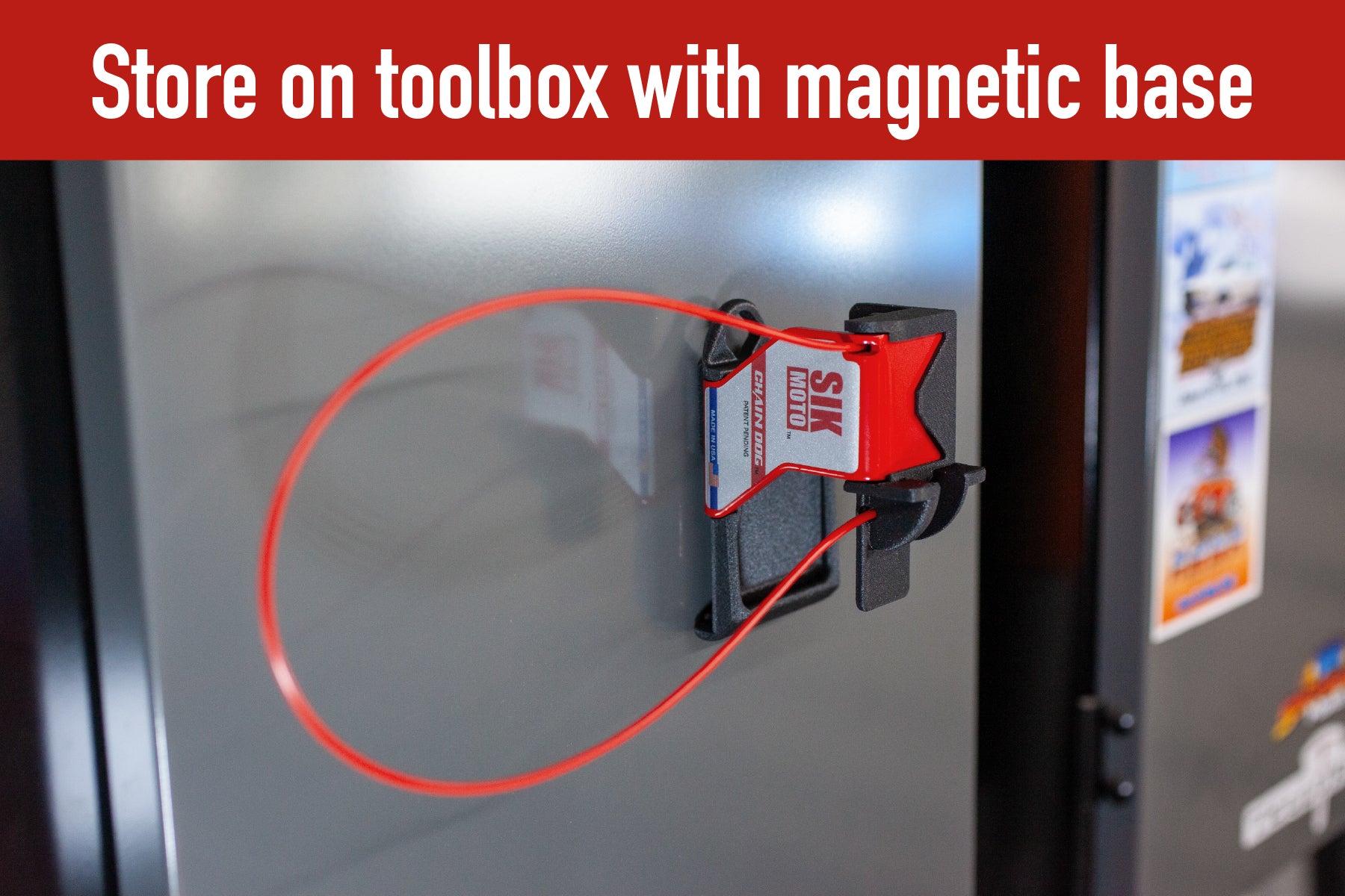 Chain Dog Stored on Metal Cabinet With Magnetic Base